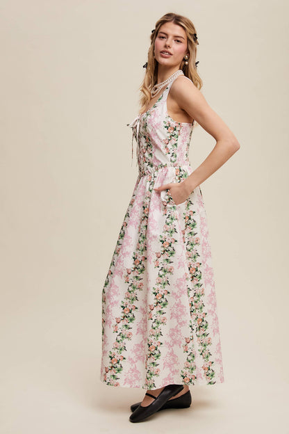 Floral Lace-Up Maxi Dress