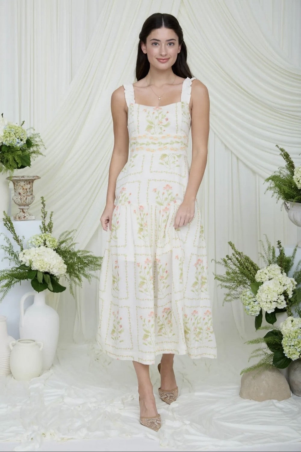 Floral Drop Waist Sleeveless Midi Dress|6150