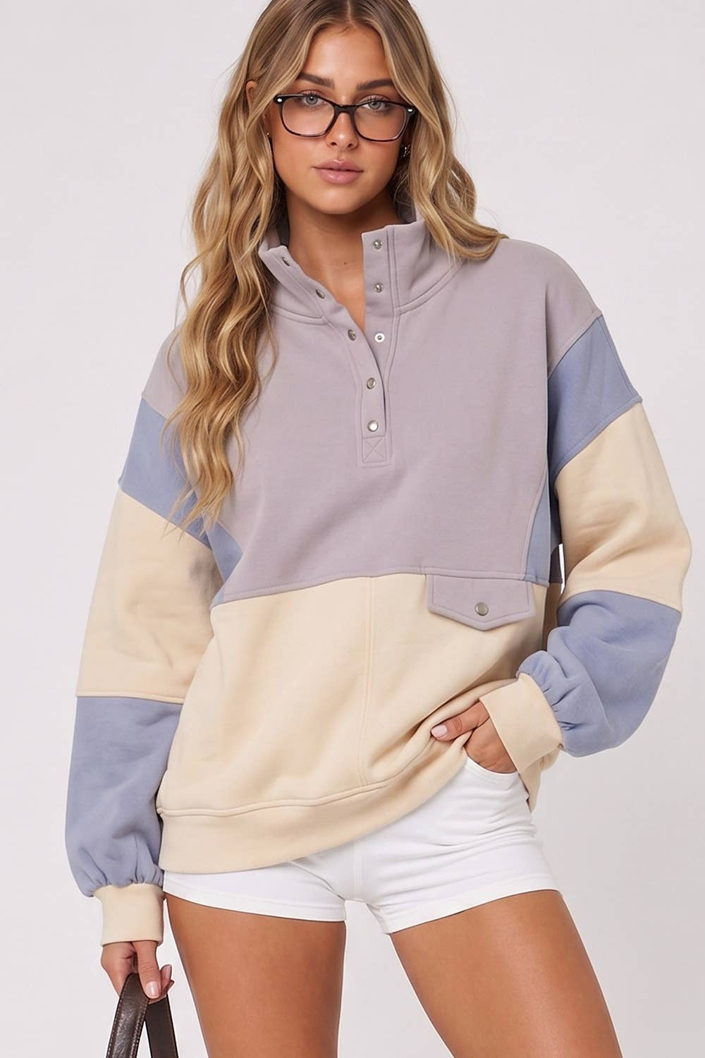Colorblock Half Snap Sweatshirt: GRAYISH/BLUE|9413