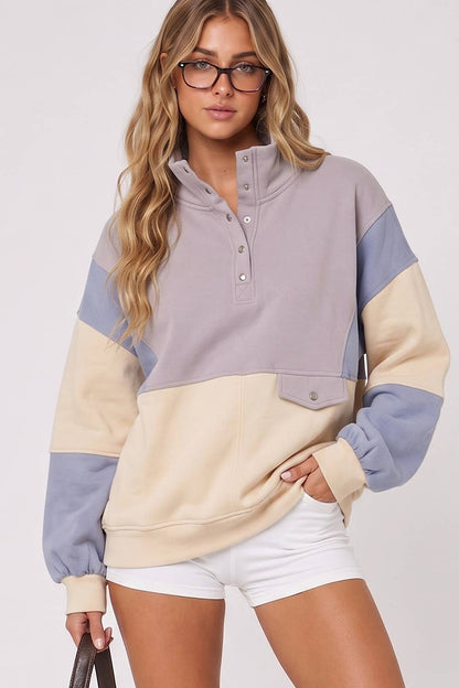 Colorblock Half Snap Sweatshirt: GRAYISH/BLUE|9413