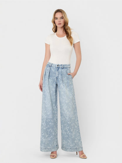 Super High Rise Floral Print Pleated Wide Leg Jeans|6051