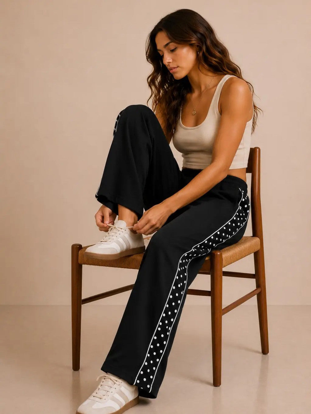 Polka Dot Side Stripe Wide Leg Sweatpants - Black|9377