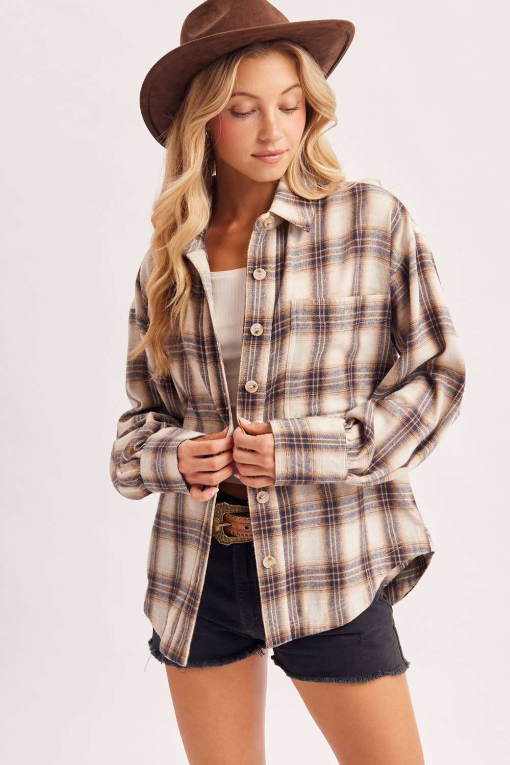 BUTTON DOWN FLANNEL PLAID SHIRT TOP: IVORY/BROWN|9180