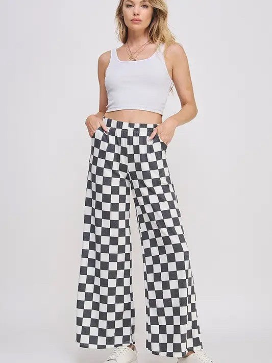Checkered Wide Leg Knit Pants|8986
