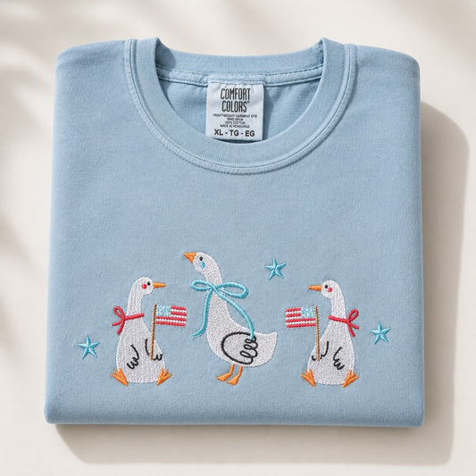 Patriotic Geese Trio Embroidered Tee|7776