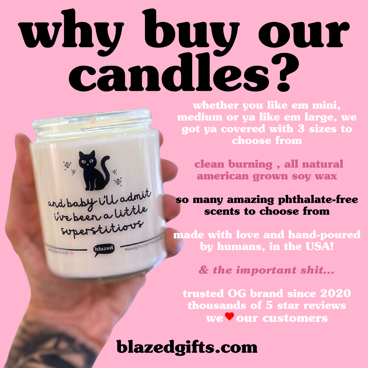 The image is an advertisement for candles, featuring a hand holding a candle with a cat design. The text in the image promotes the idea of buying candles, highlighting the variety of sizes available and the benefits of choosing phthalate-free soy wax.