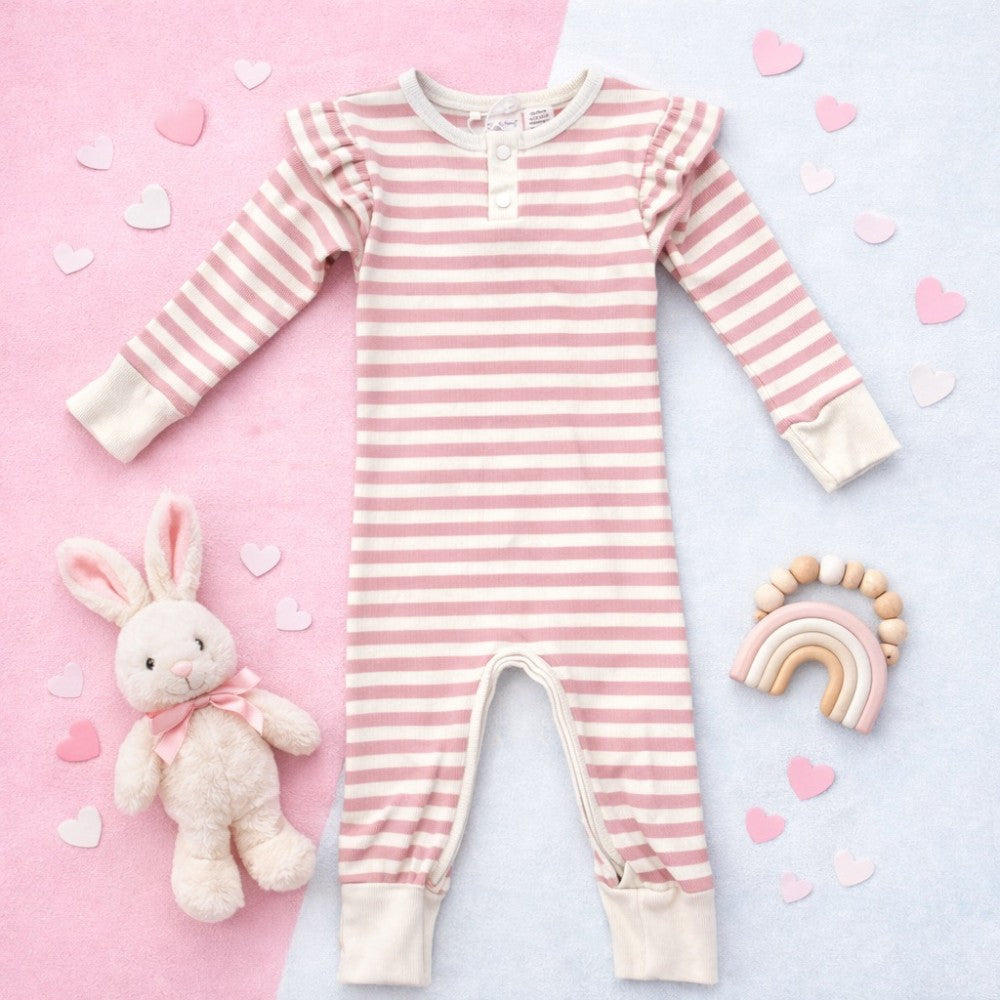 Pink Striped Ribbed Romper|6074