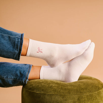Embroidered Crew Socks-Pink Bow