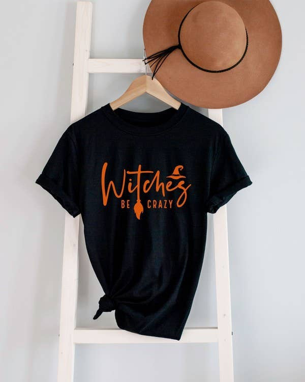 Witches be crazy, Halloween, Unisex Round Neck T-Shirt: Black/Orange|9176