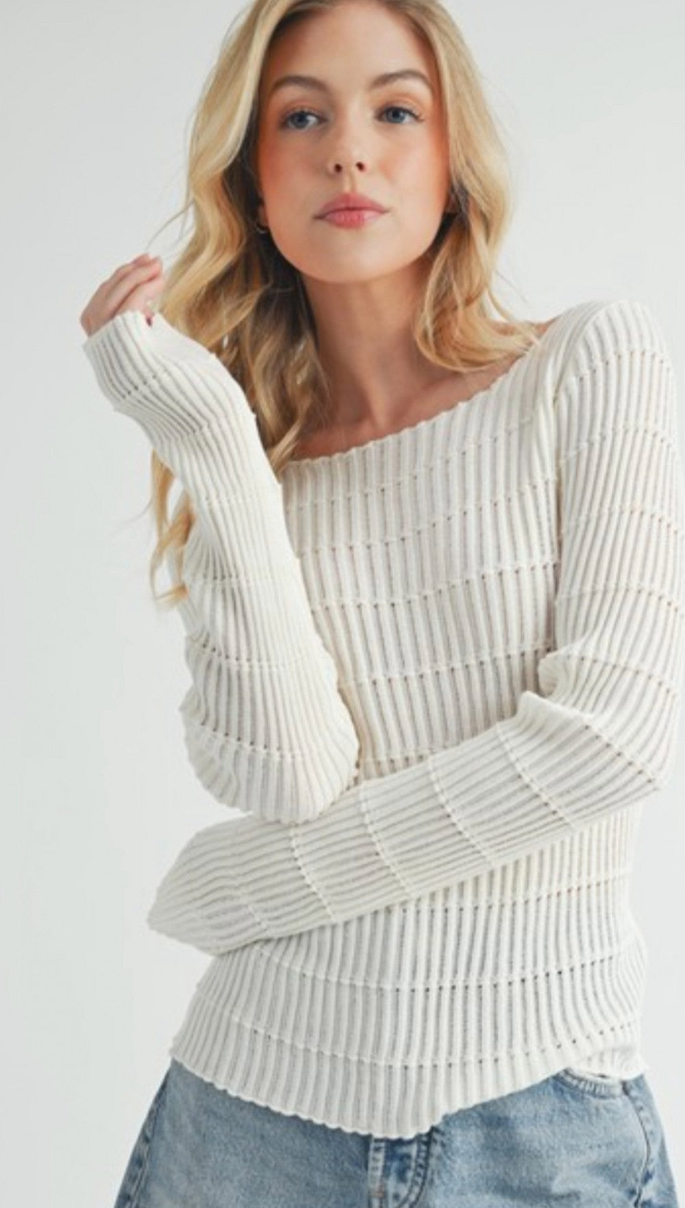 Ivory Ribbed Long Sleeve Top|735