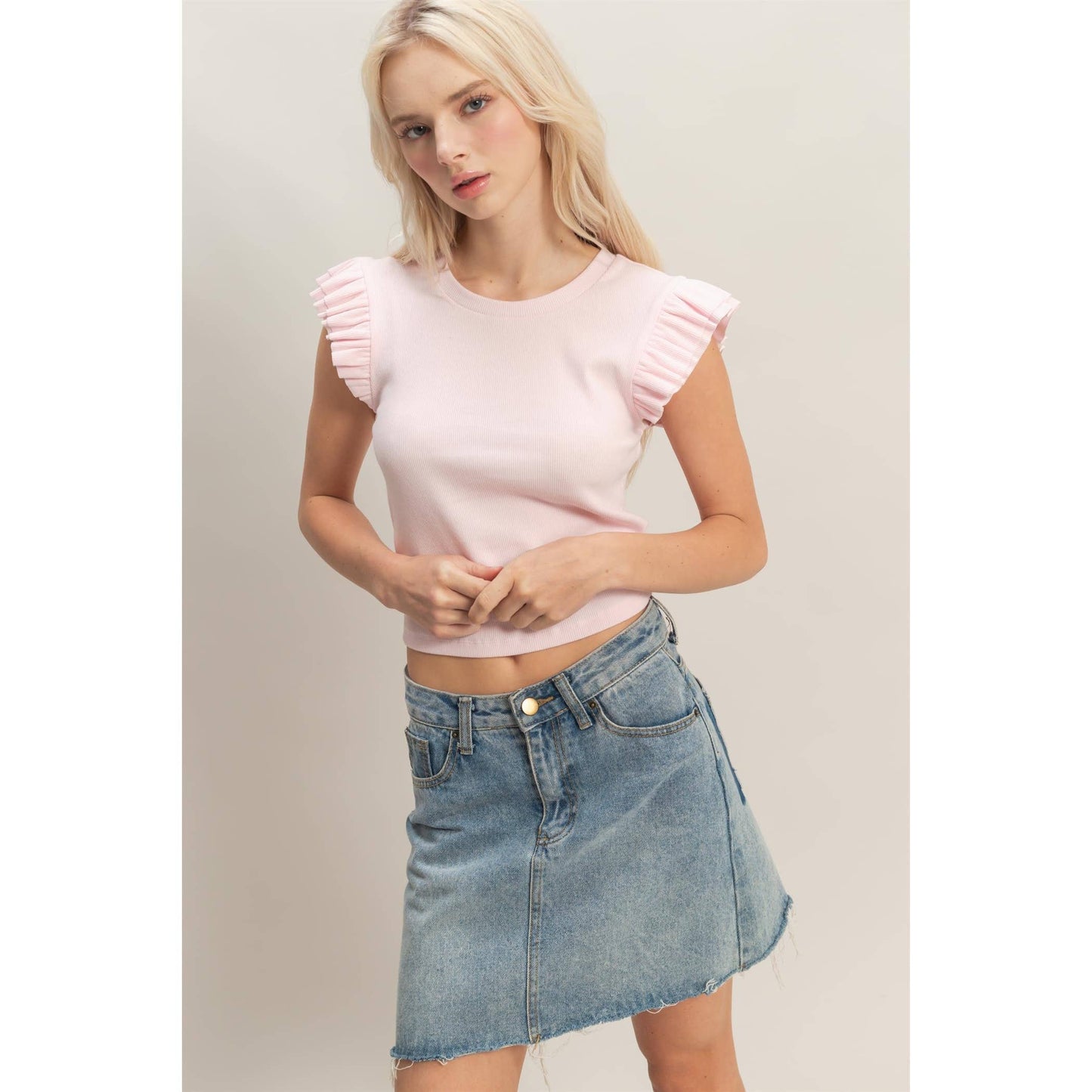Flutter Sleeve Ribbed Cropped Top