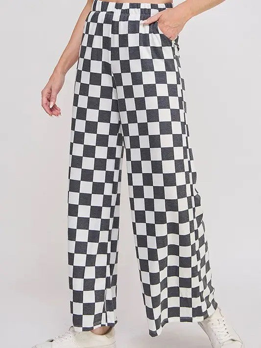 Checkered Wide Leg Knit Pants|8987