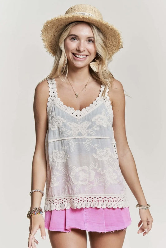 Embroidered Crochet Tank Top (Beige)|6172