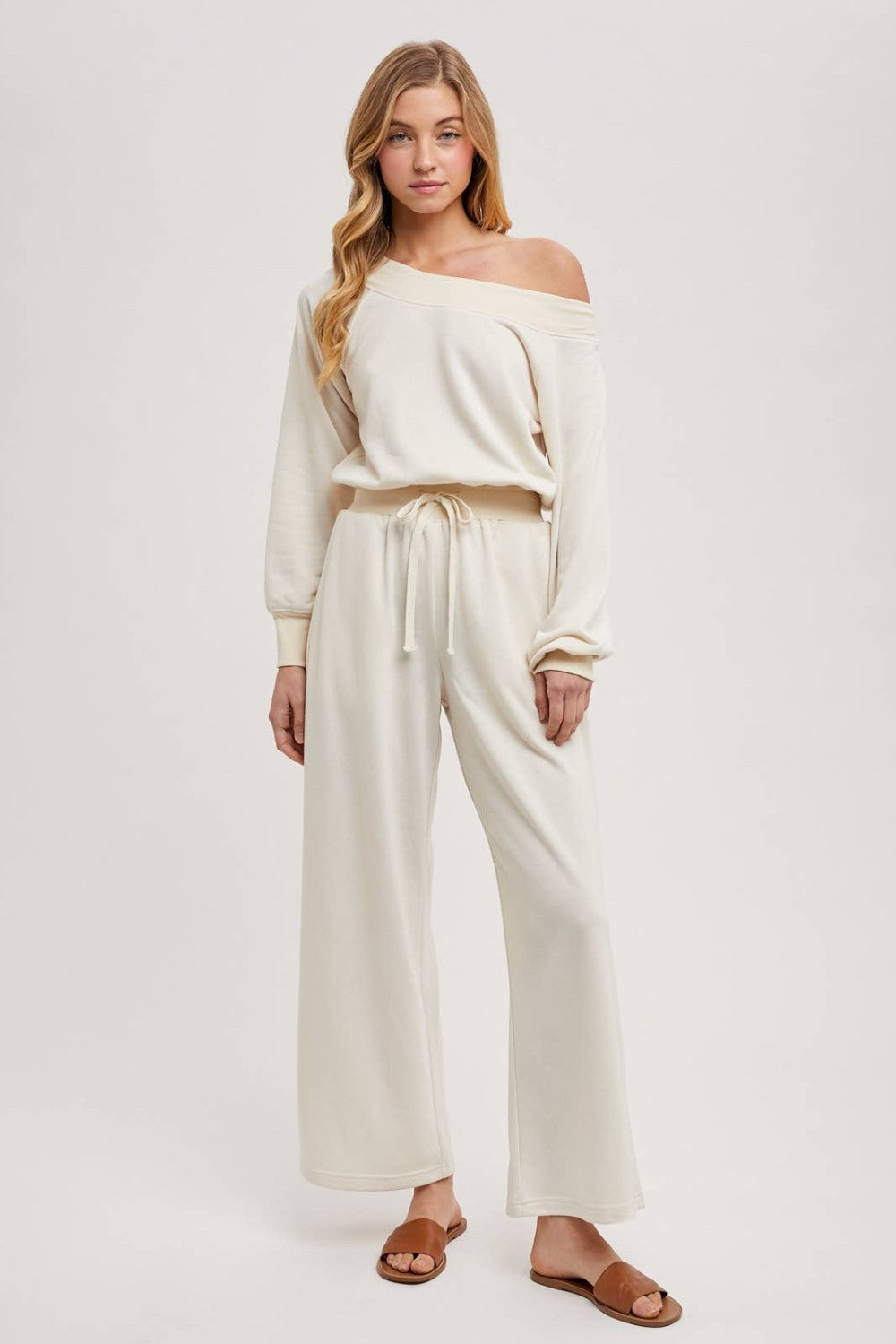 WIDE NECK OFF THE SHOULDER KNIT JUMPSUIT: IVORY|9182