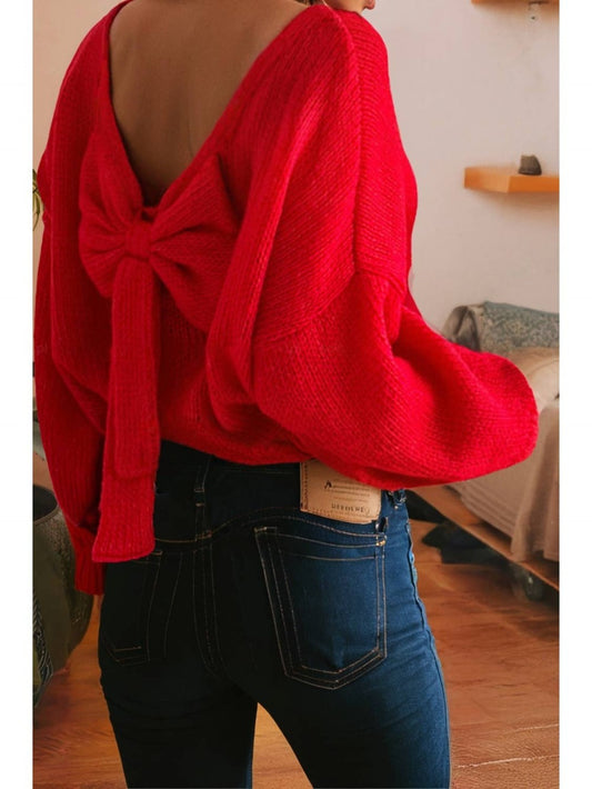 Bow Backless Bubble Sleeve Sweater|1896