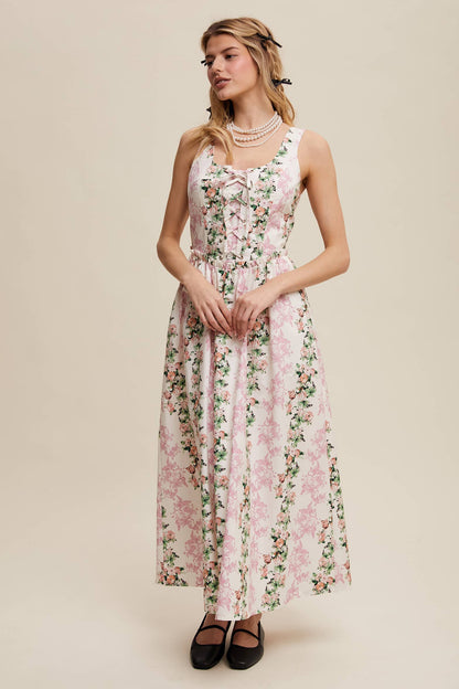Floral Lace-Up Maxi Dress