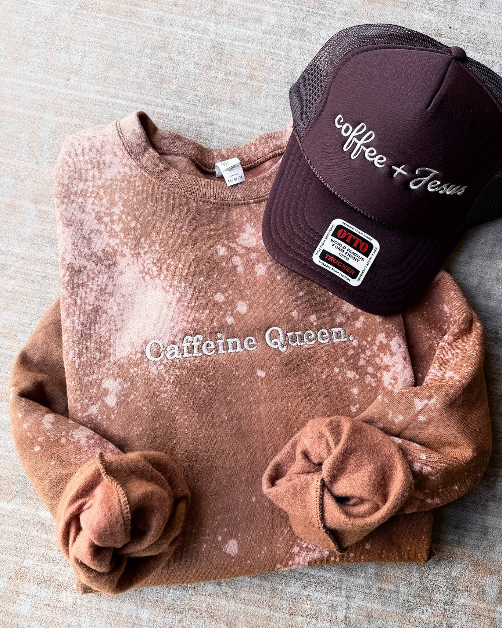 Caffeine Queen | Funny Embroidery Bleached Sweatshirt|9131
