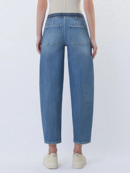 Elastic Waistband Wide Barrel Jeans|9212