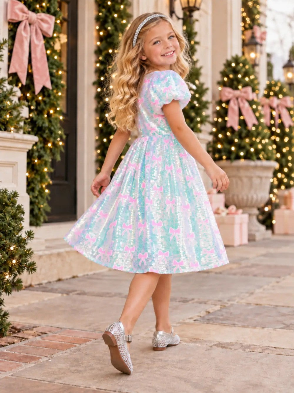 Sparkle Pink Bow Sequin Dress|9282