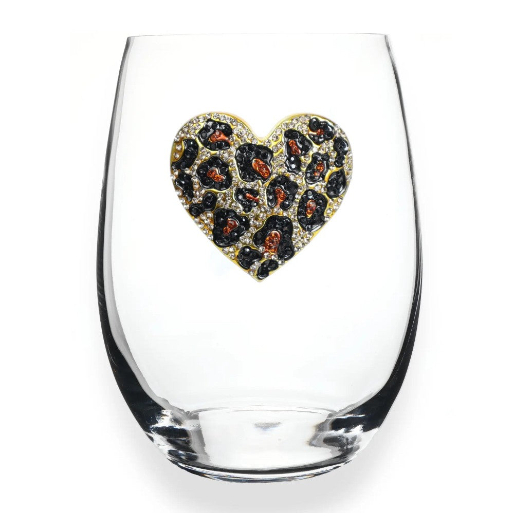 Leopard Heart Jeweled Stemless Wine Glass|9198
