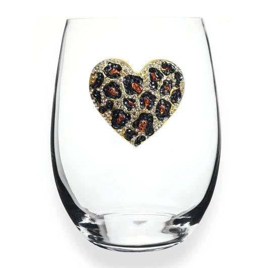 Leopard Heart Jeweled Stemless Wine Glass|9198