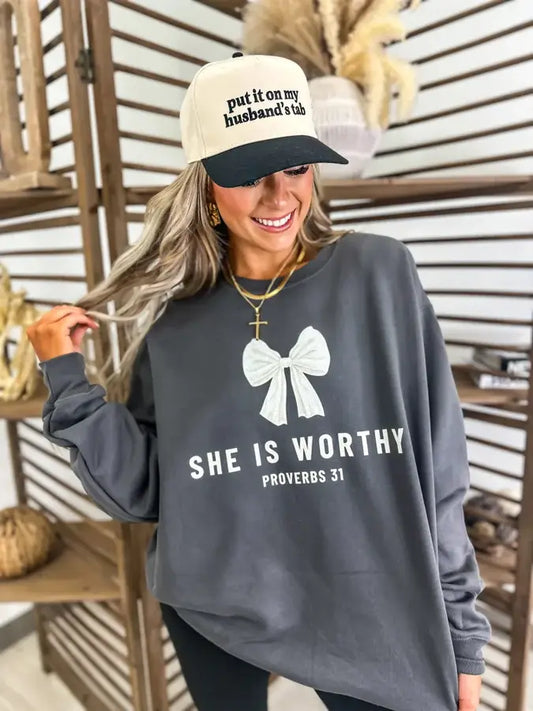 She Is Worthy Charcoal Graphic Crewneck