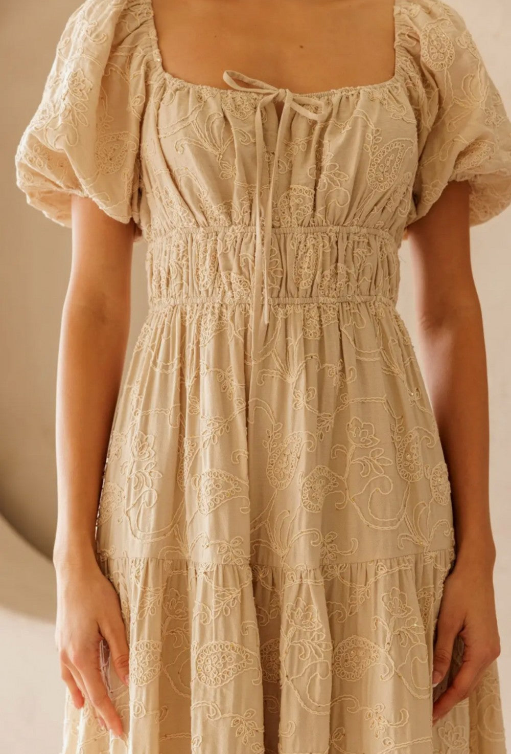 Beige Floral Embrodiered Maxi Dress|5769