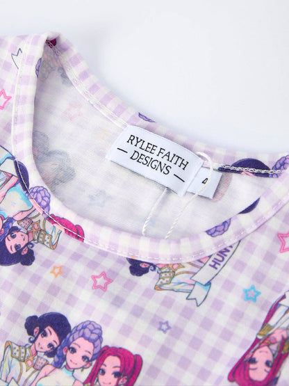 Purple Plaid Kpop Short Sleeve Girls Dress