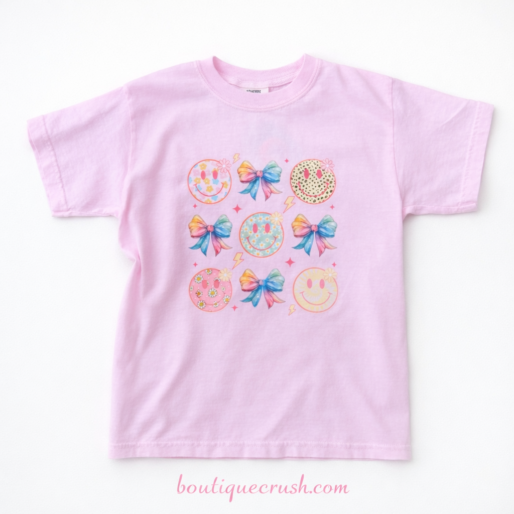 Preppy Bows and Floral Smiley Faces Graphic Sweatshirt