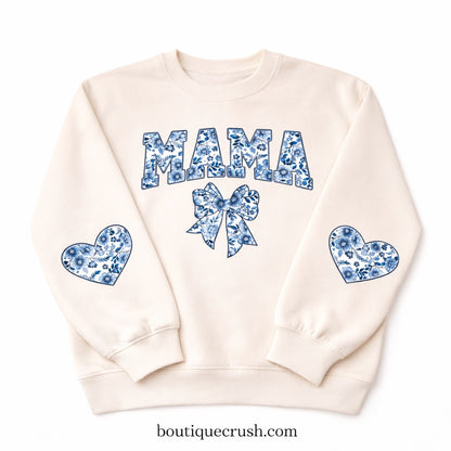 "Mama" Blue Coquette Bow Sweatshirt