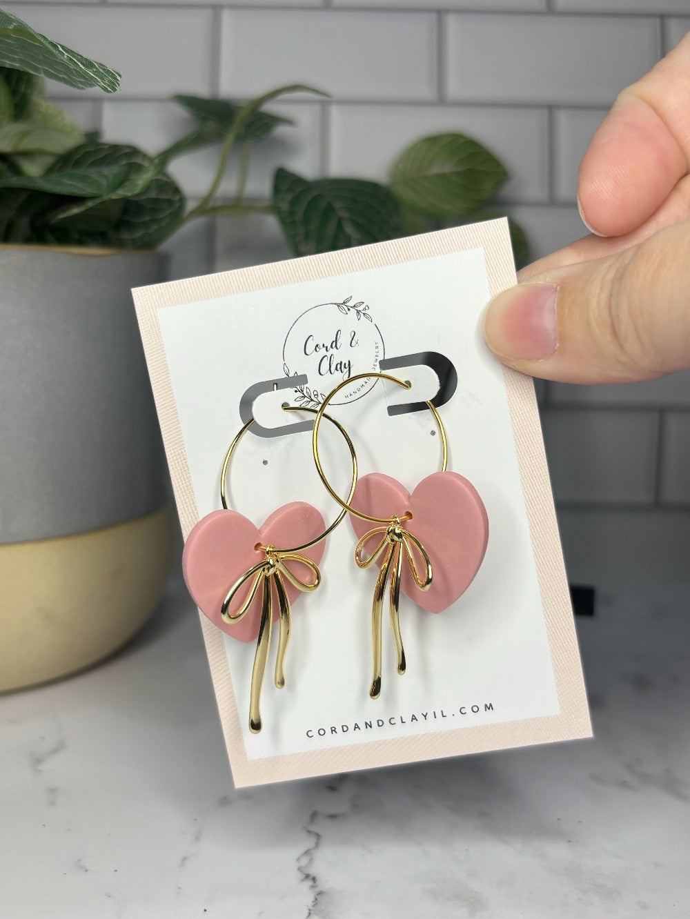 French Pink Heart Bow Hoops NF|5207