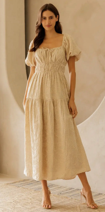 Beige Floral Embrodiered Maxi Dress|5767