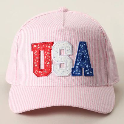 USA Letter Patch Striped Trucker Hat|8034