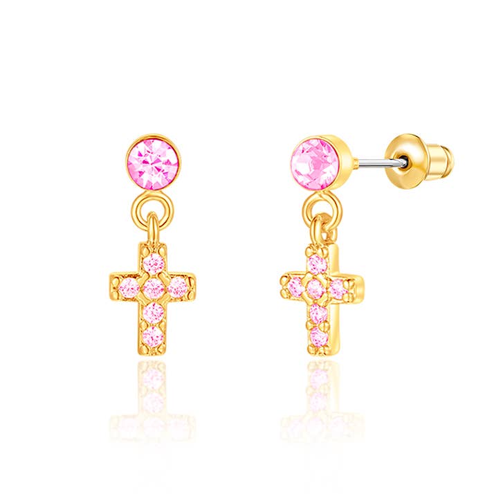 Little Luxe Drop Earrings | Cross with Pink Cubic Zirconia