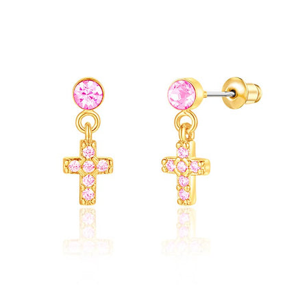 Little Luxe Drop Earrings | Cross with Pink Cubic Zirconia
