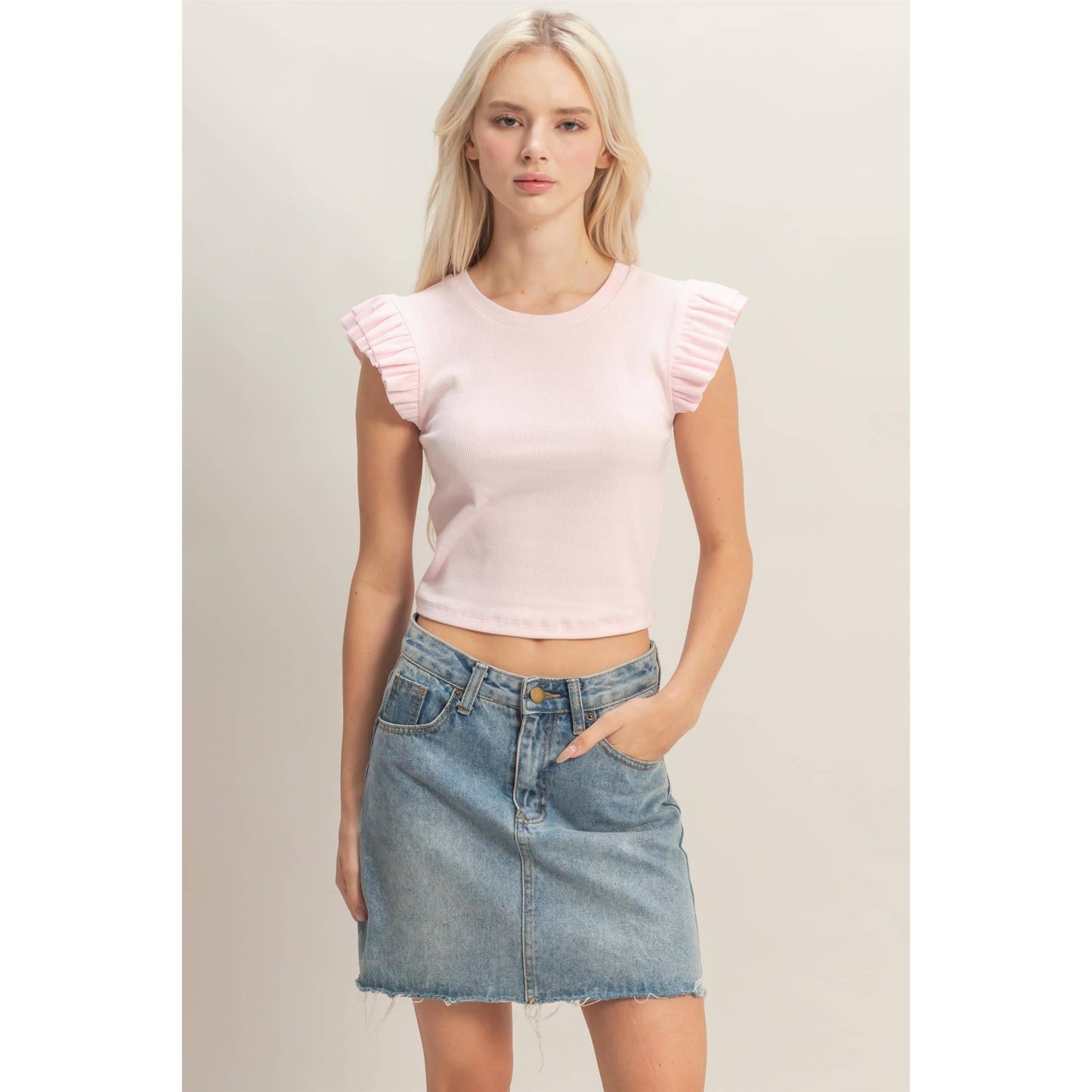 Flutter Sleeve Ribbed Cropped Top