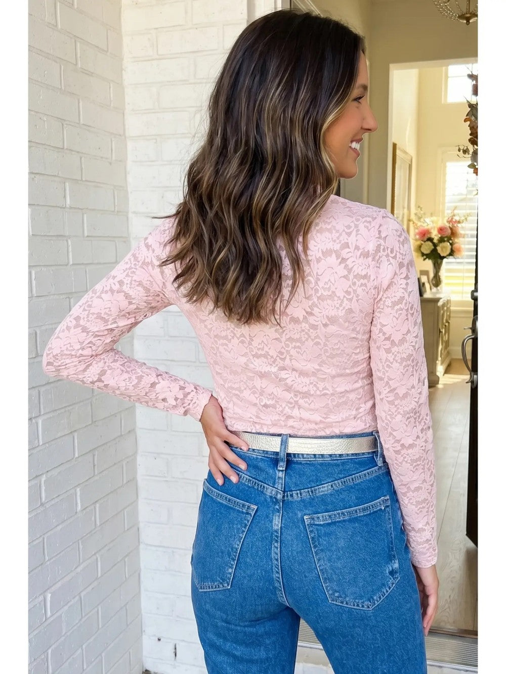 Lace Mesh Mock Neck Top|8728