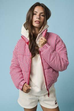 GINGHAM ZIP UP PUFFER JACKET: Red/White|9381
