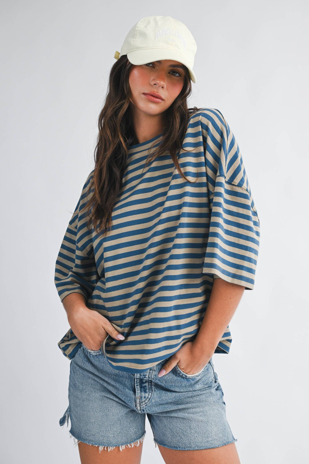 Oversized Tan Striped Boyfriend Tee|7569