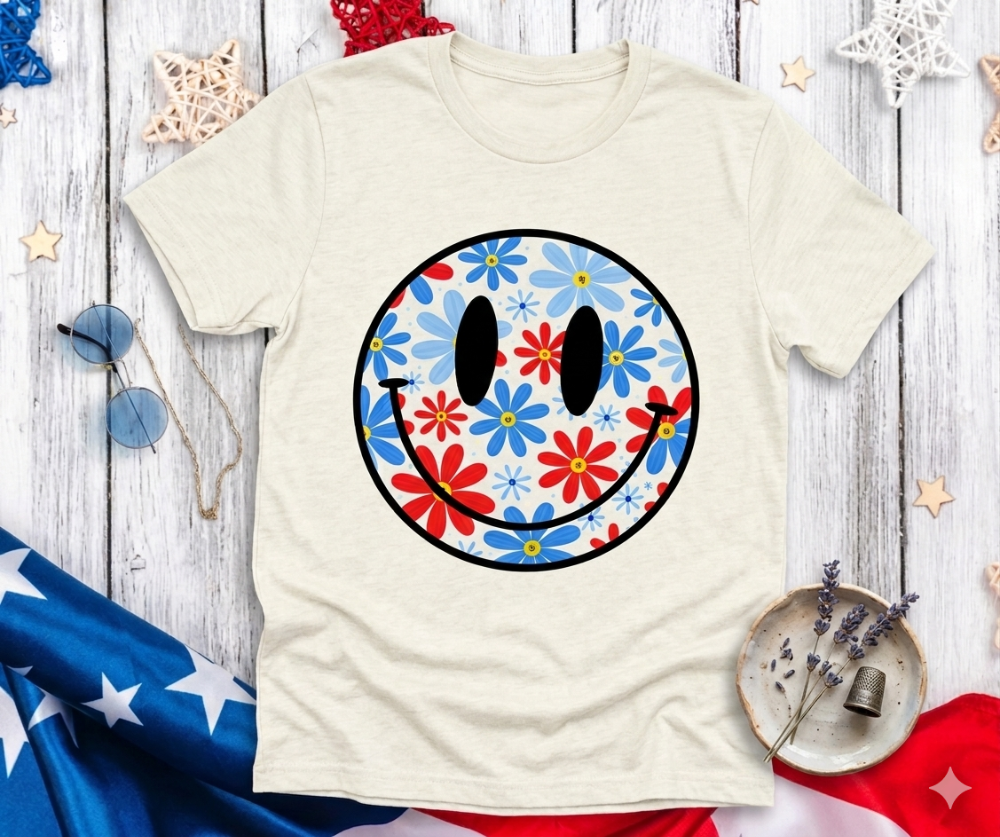 Red, White and Blue Floral Smiley Face|6915