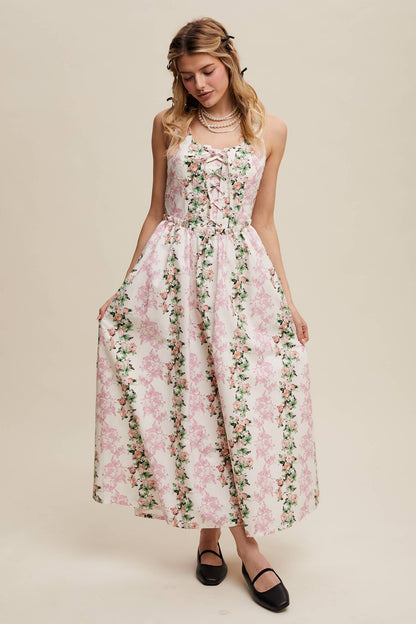 Floral Lace-Up Maxi Dress