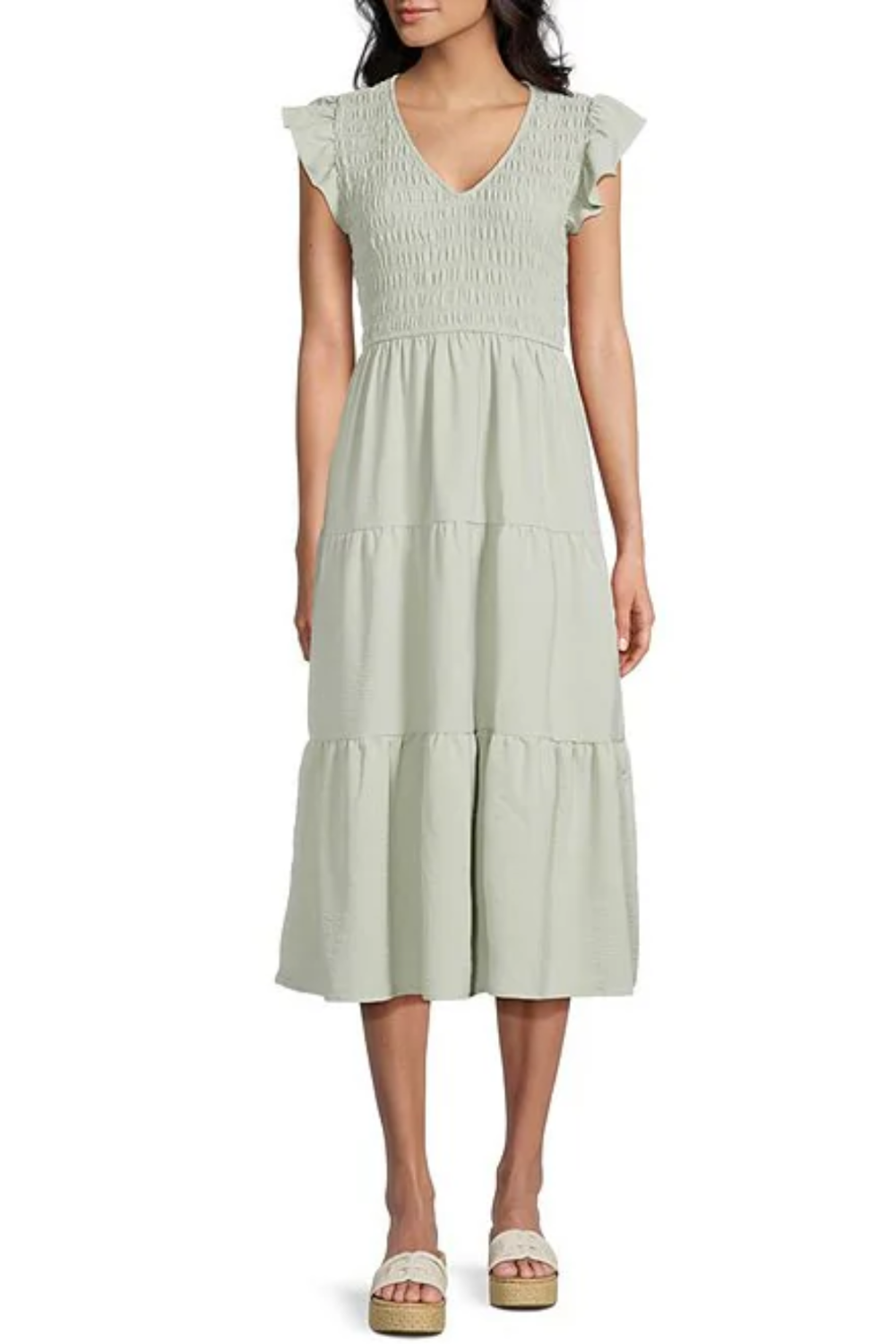 Flutter Sleeve V Neck Smocked Midi Dress: Light Olive|7882