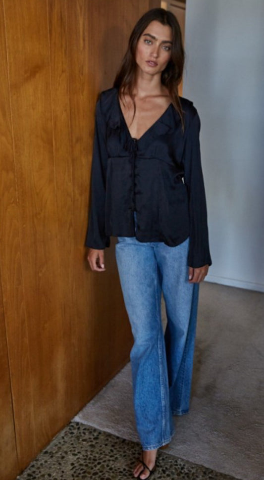 Black Satin Ruffle Top|747