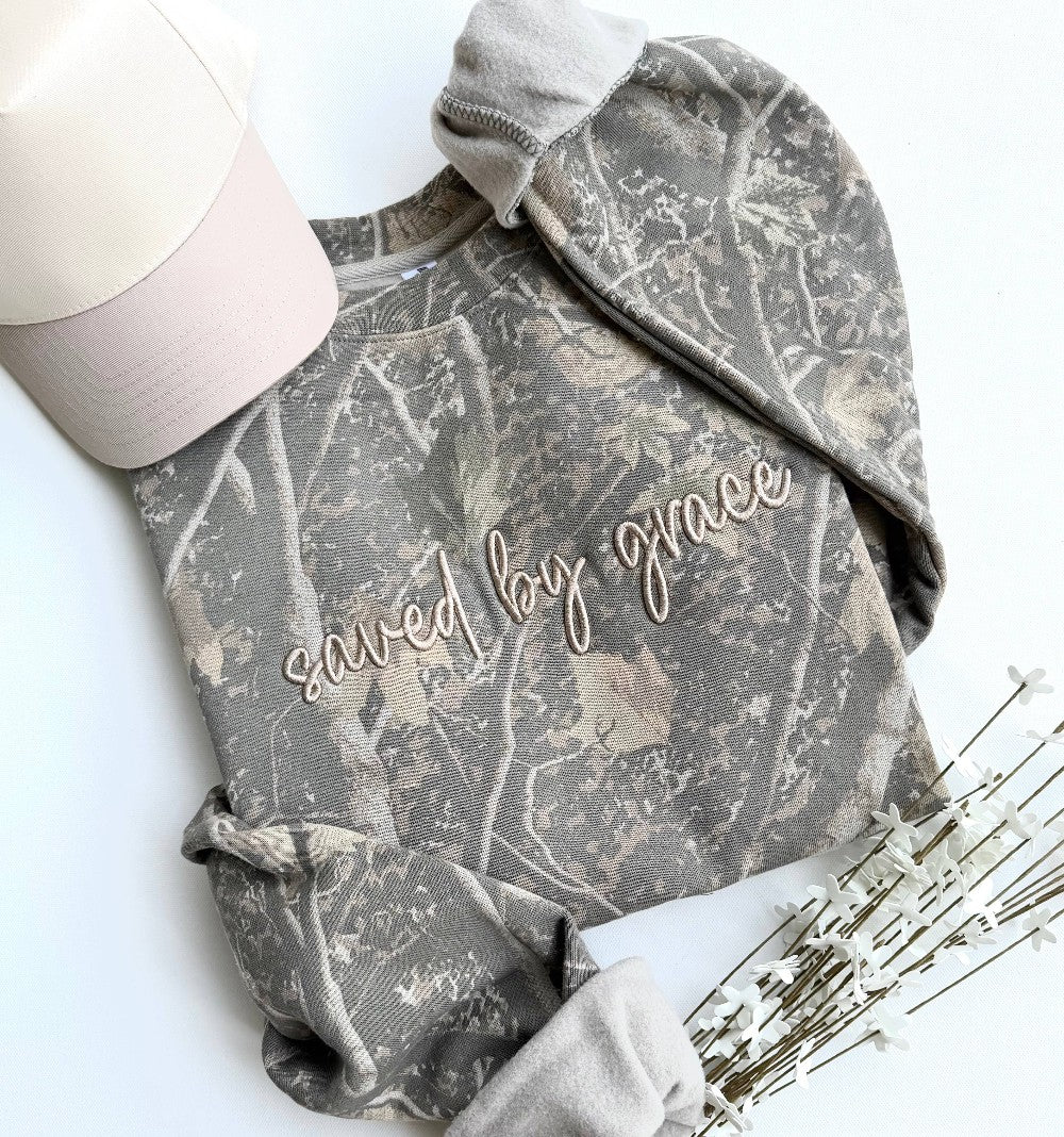Camo Embroidered Saved By Grace Sweatshirt|9133