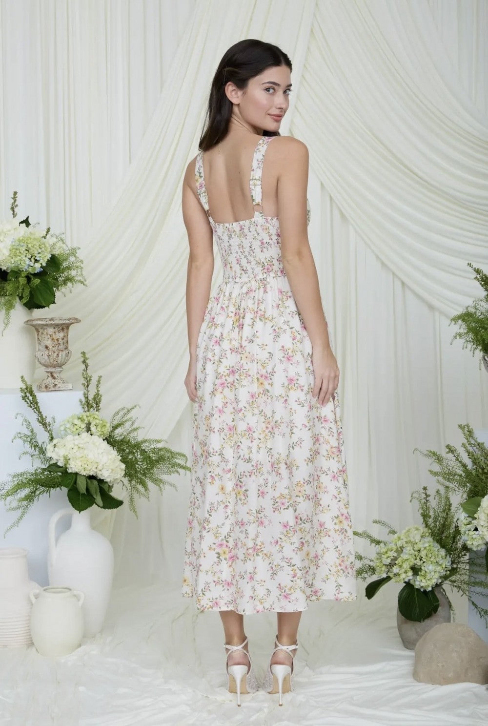 Floral Lace Trim Corset Sleeveless Midi Dress|6156