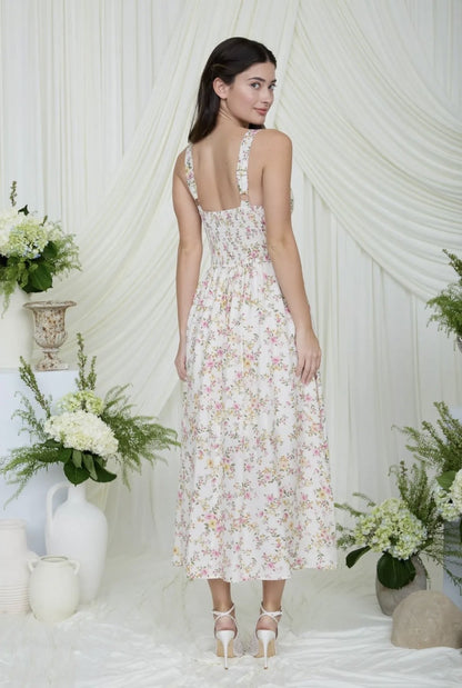 Floral Lace Trim Corset Sleeveless Midi Dress|6156