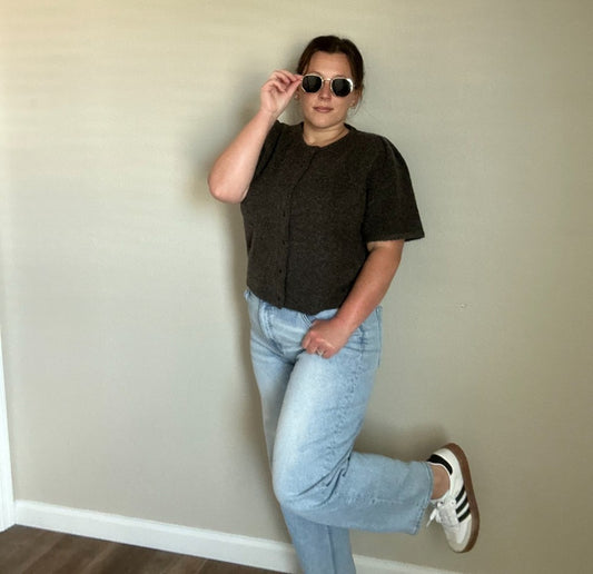 Chocolate Short Sleeve Button Sweater|733