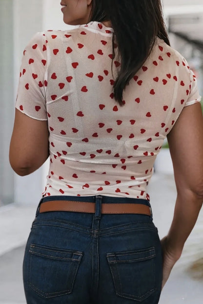 Heart Print Mesh Short Sleeve Top|5158