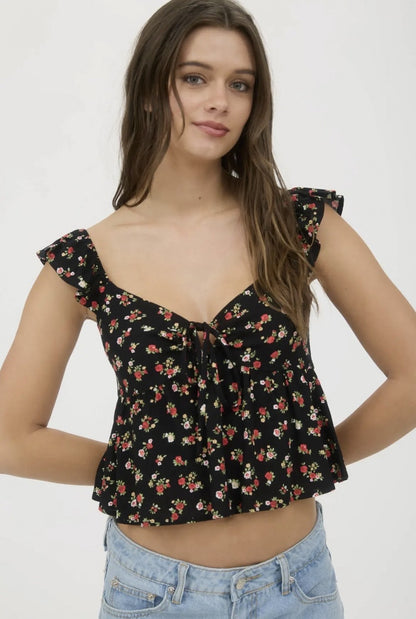 Floral Clip Dot Front Tie Crop Top|6152
