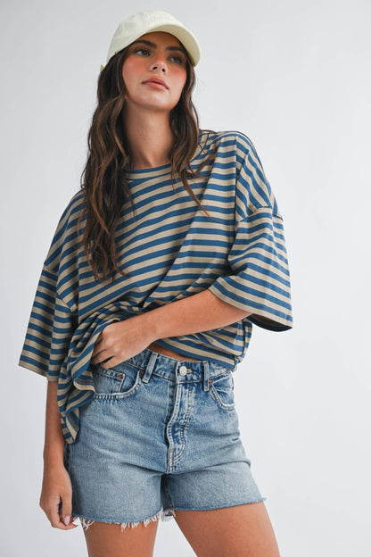 Oversized Tan Striped Boyfriend Tee|7568